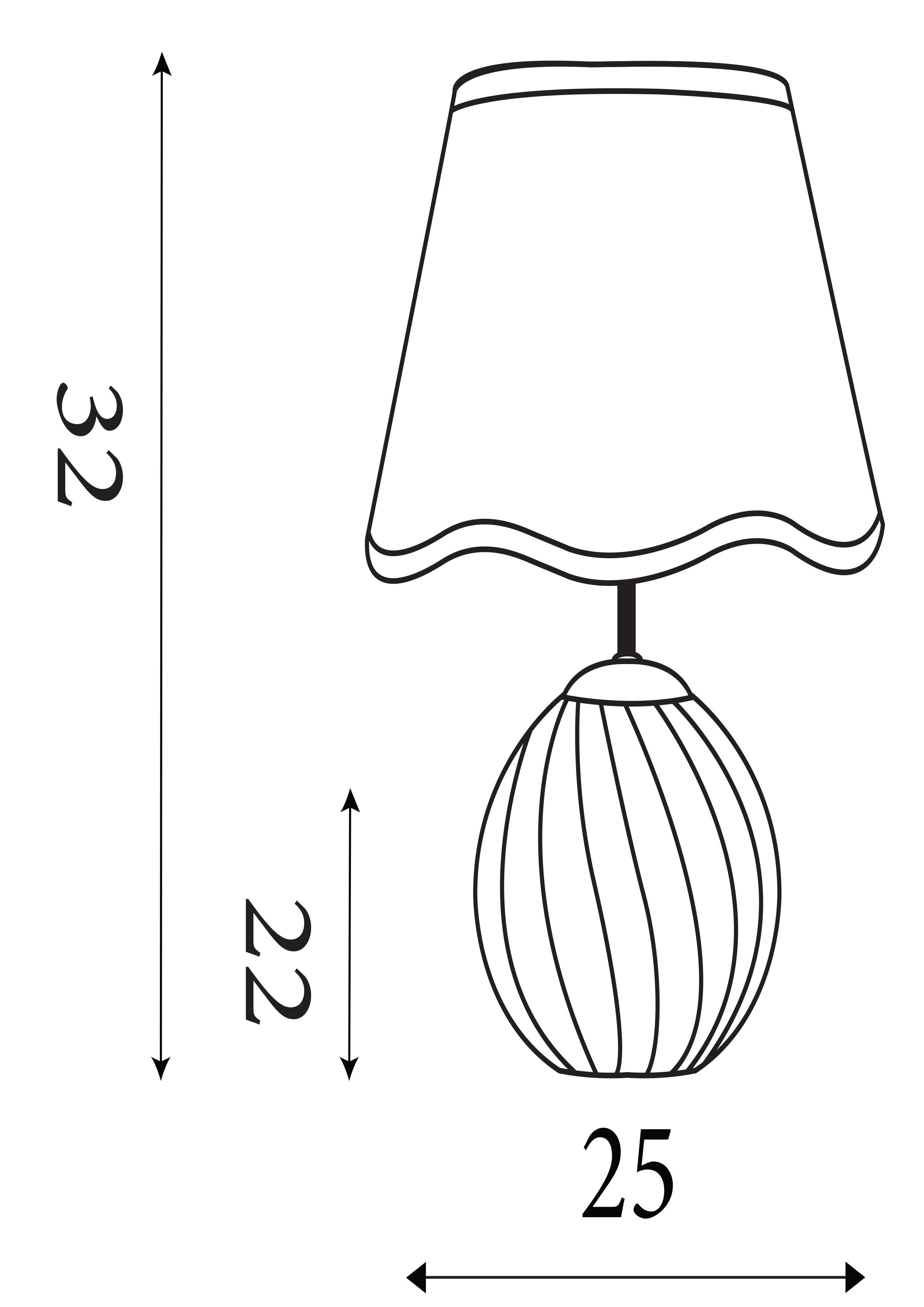 Line drawing of the Celine table lamp showing overall height of 32cm, base height of 22cm, and width of 25cm