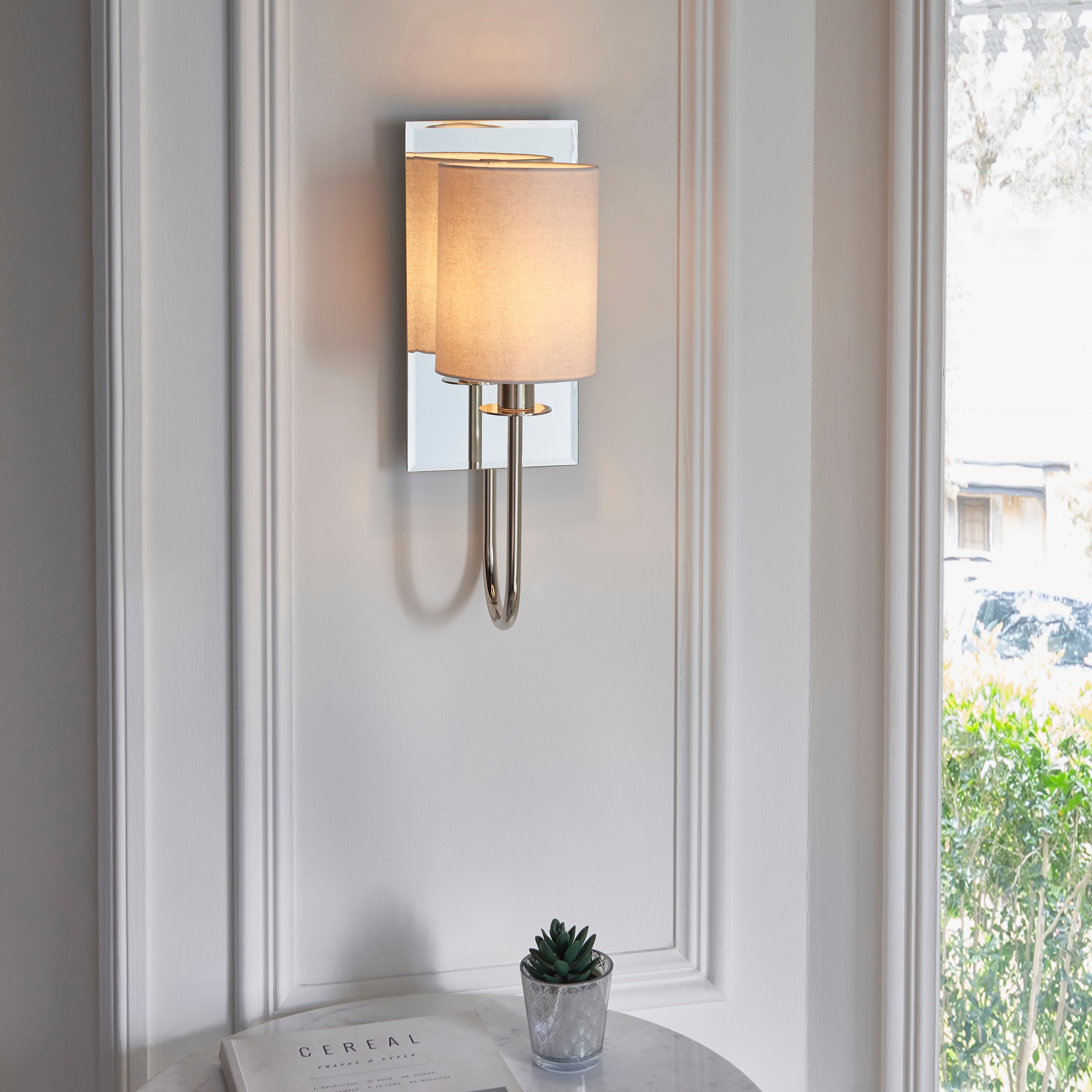 Endon Magnum Mirrored Wall Light - Bright Nickel & Vintage White Shade