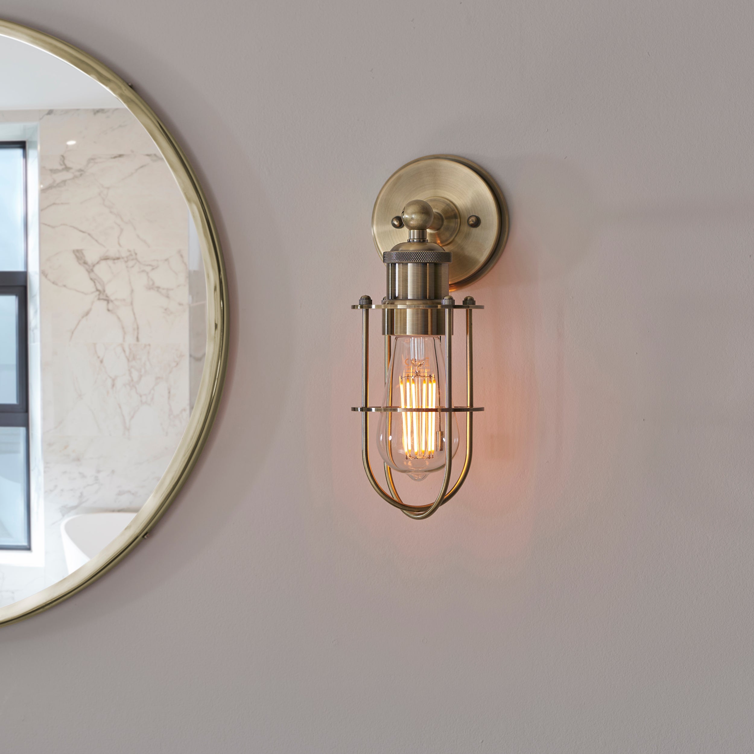 Endon Industrial Caged Single Wall Light - Antique Brass