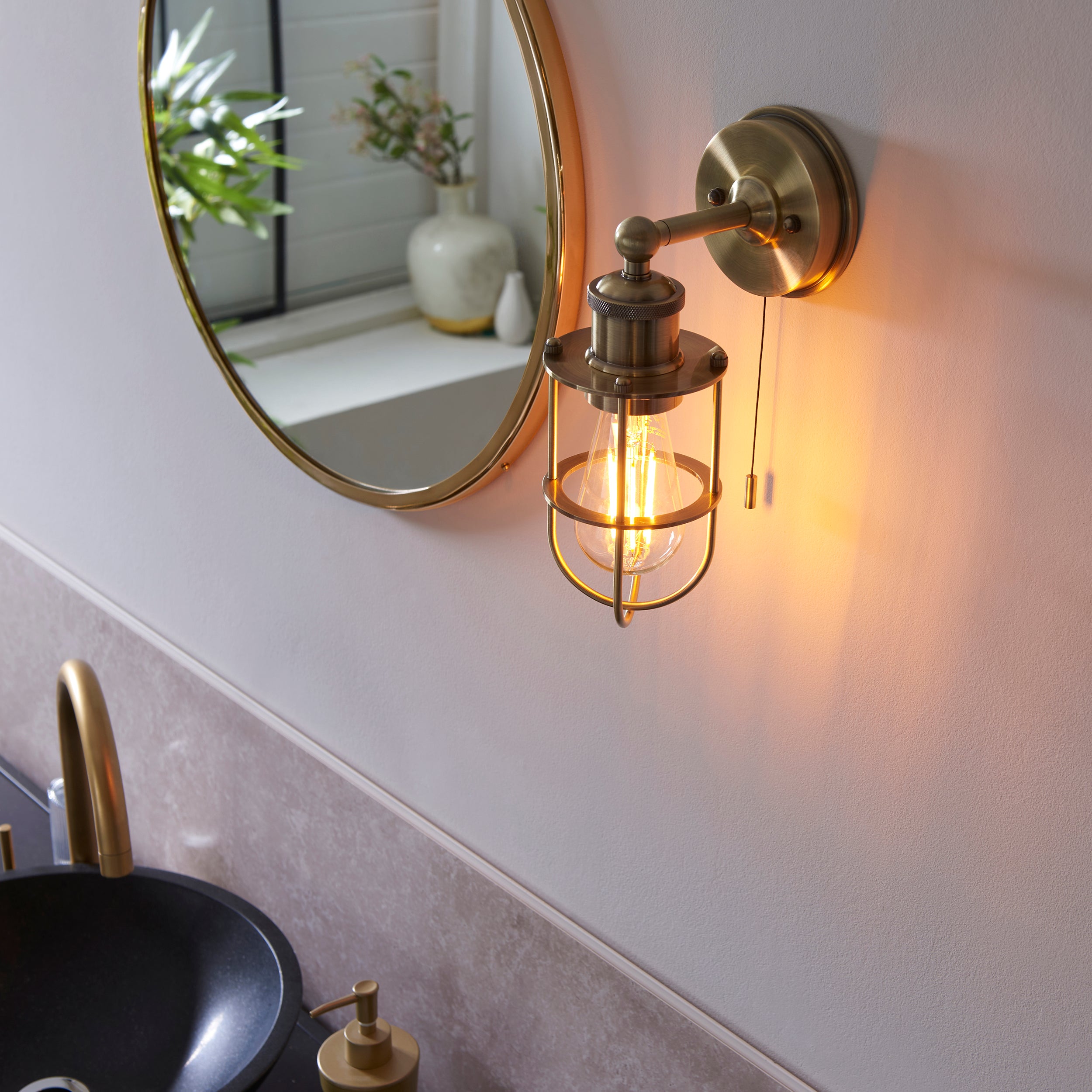 Endon Industrial Caged Single Wall Light - Antique Brass