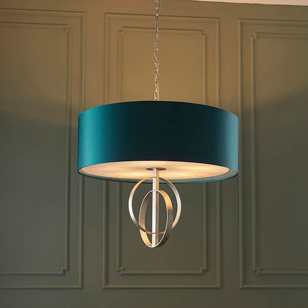 Utopia Interlink 5 Light Pendant - Antique Silver Leaf With Teal Shade - 70cm Diameter