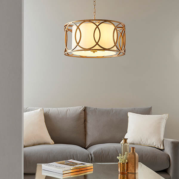 Utopia Ring 4 Light Pendant - Brushed Gold And White Inner Shade - 55cm Diameter
