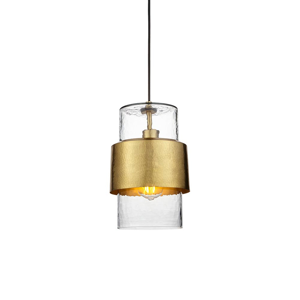 Utopia Swirl Single Pendant - Hammered Brass Plate & Textured Clear Glass