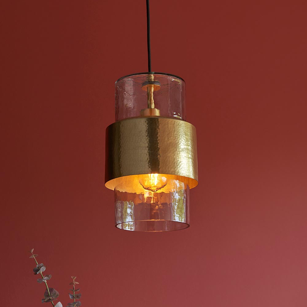 Utopia Swirl Single Pendant - Hammered Brass Plate & Textured Clear Glass