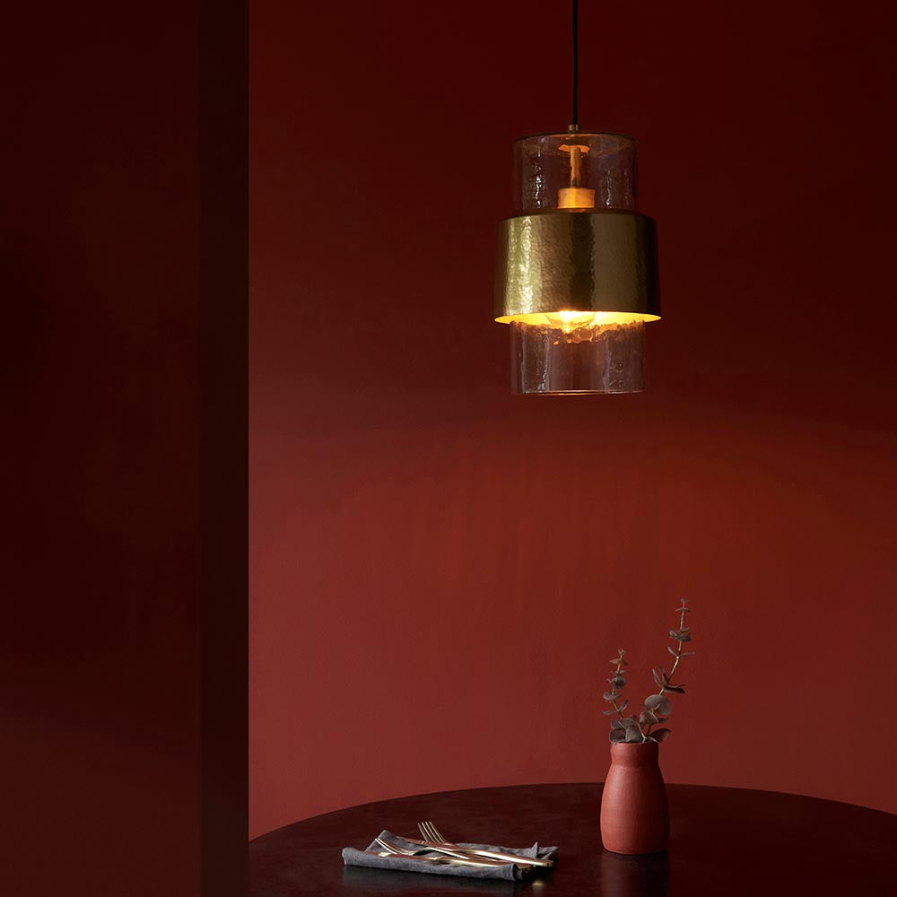Utopia Swirl Single Pendant - Hammered Brass Plate & Textured Clear Glass