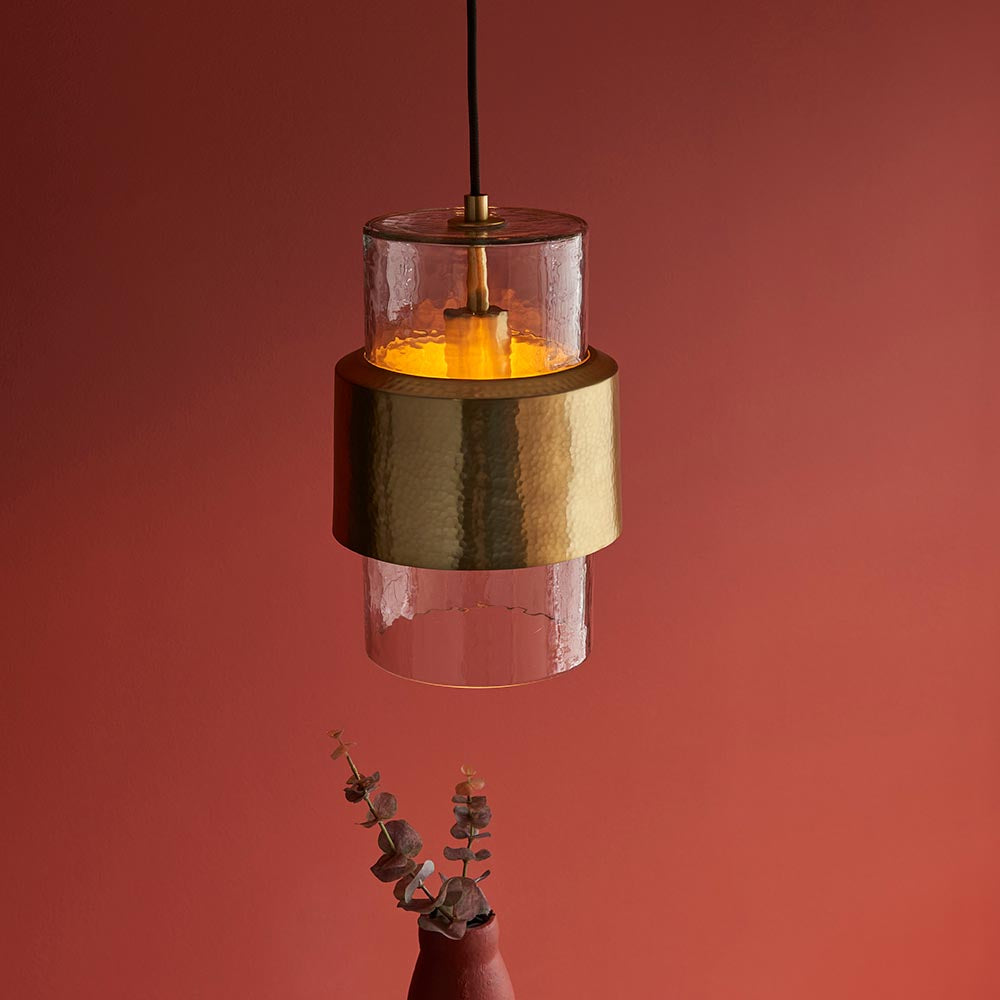 Utopia Swirl Single Pendant - Hammered Brass Plate & Textured Clear Glass