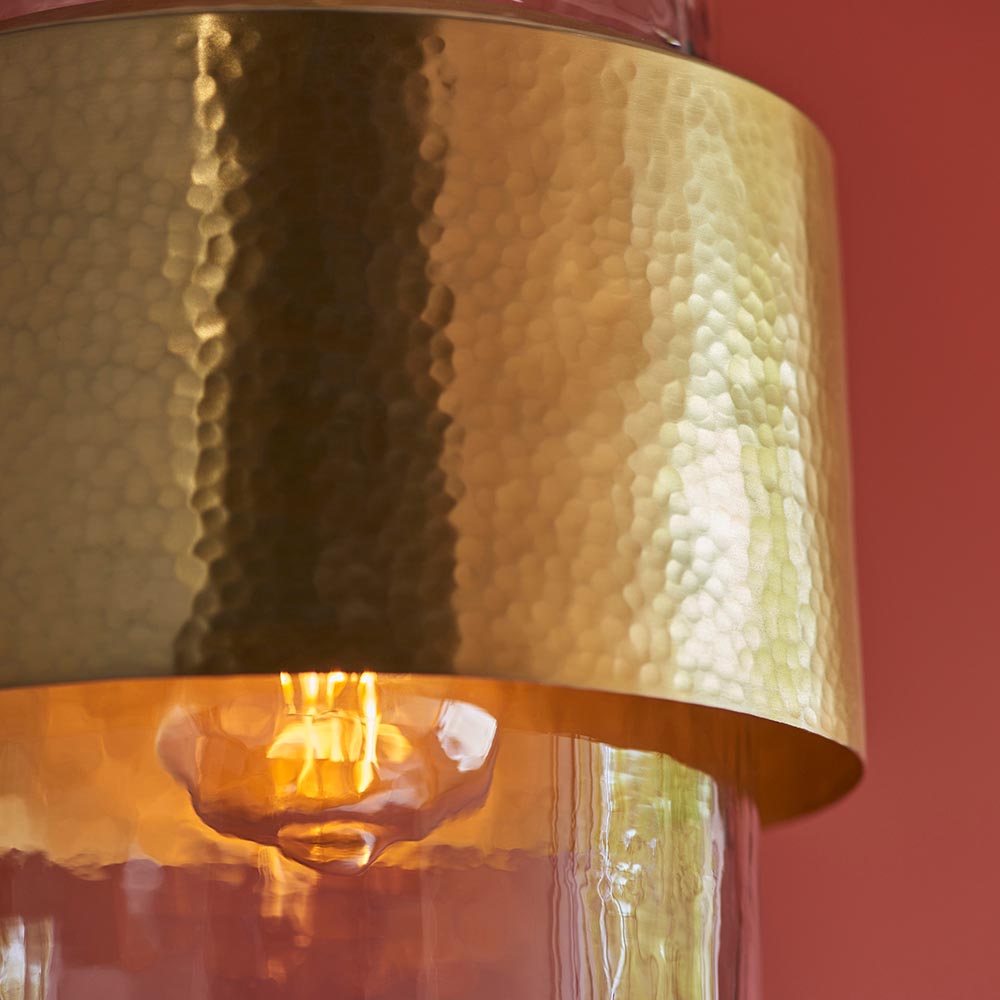 Utopia Swirl Single Pendant - Hammered Brass Plate & Textured Clear Glass