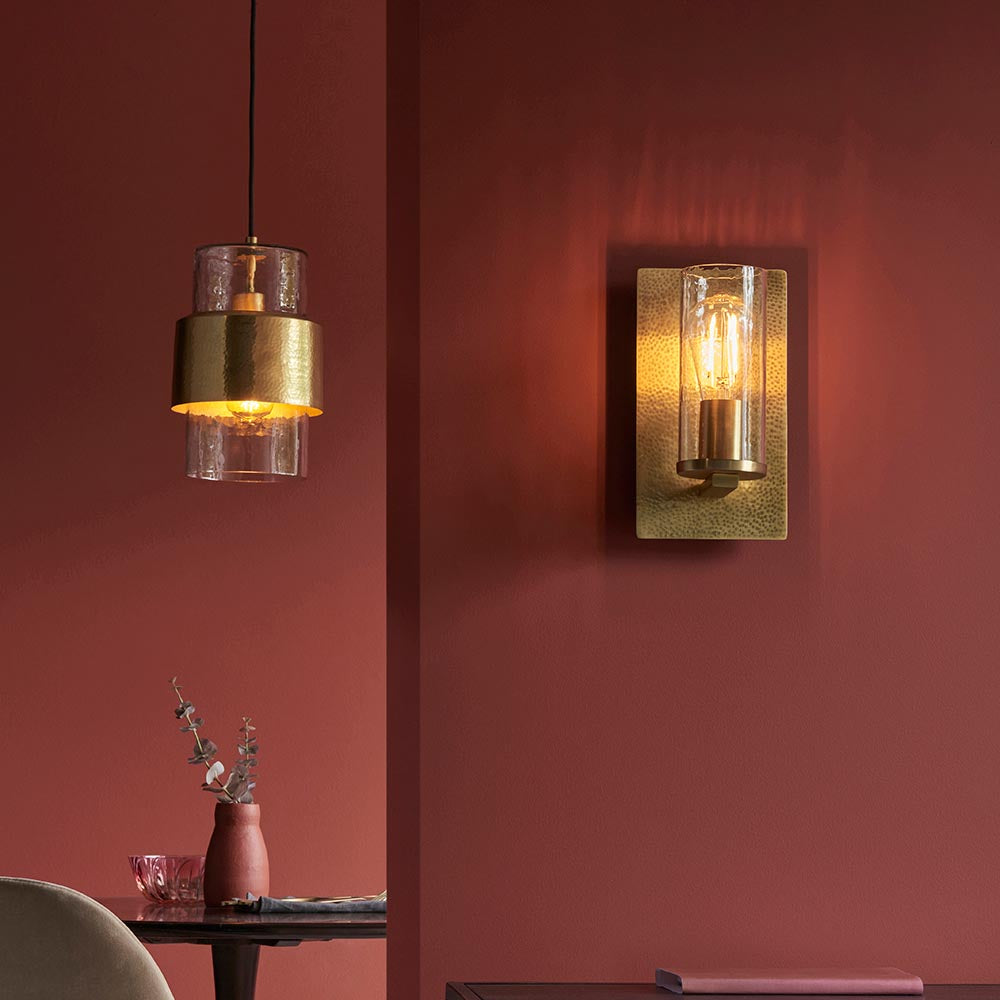 Utopia Swirl Single Pendant - Hammered Brass Plate & Textured Clear Glass