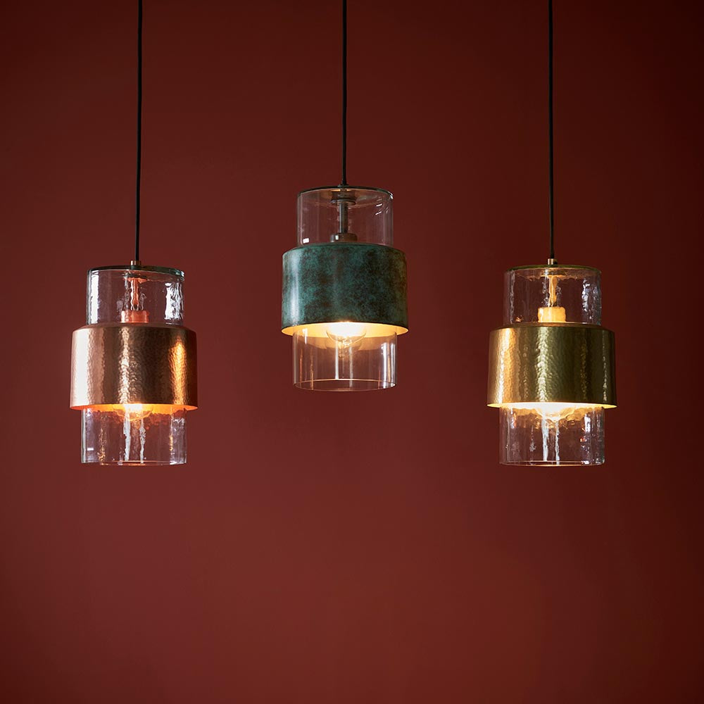 Utopia Swirl Single Pendant - Hammered Brass Plate & Textured Clear Glass
