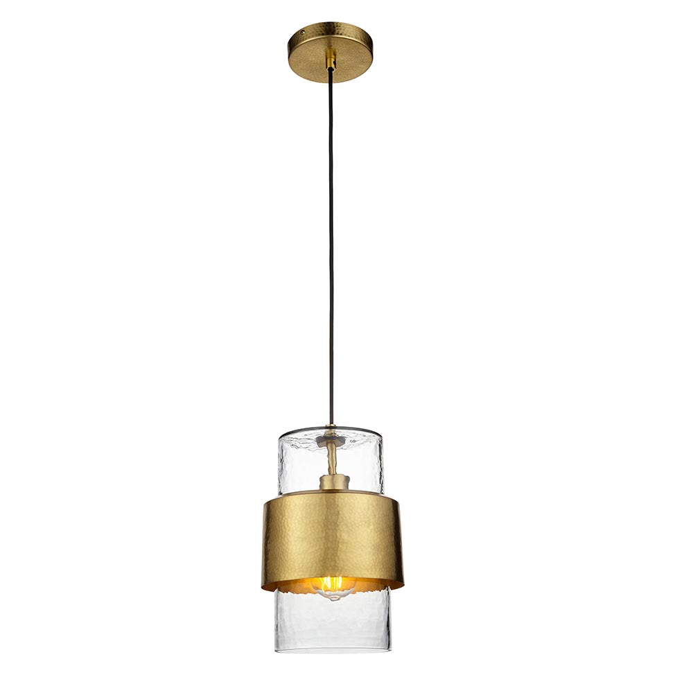 Utopia Swirl Single Pendant - Hammered Brass Plate & Textured Clear Glass