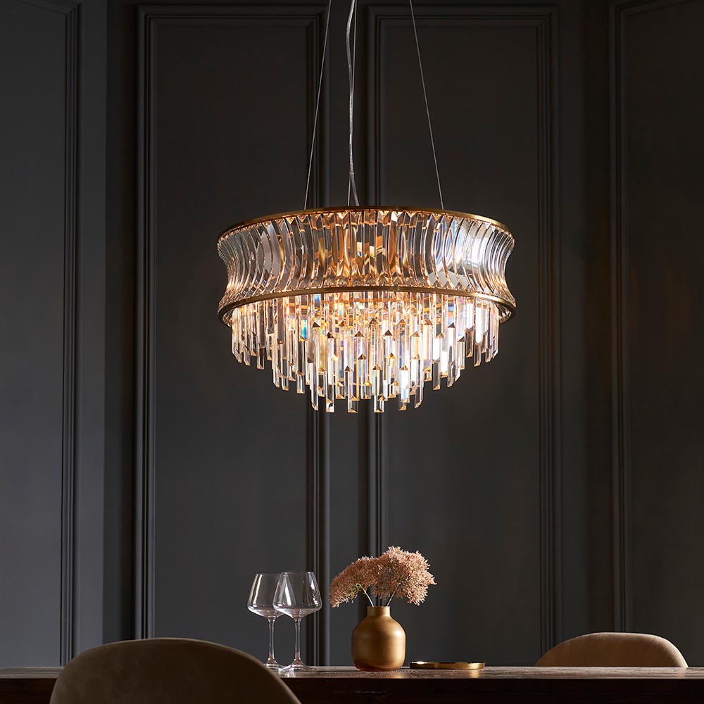 Utopia Bow 9 Light Pendant - Warm Brass Plate with Crystal & Clear Glass