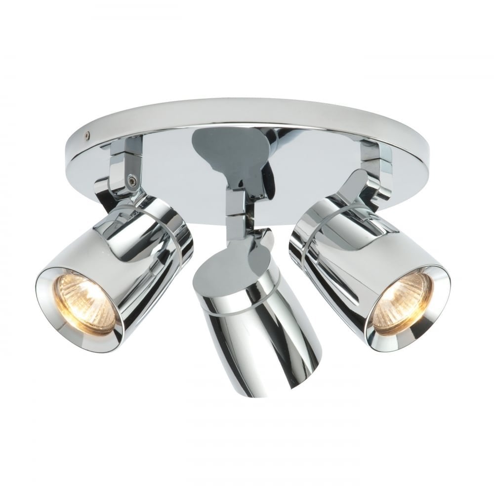 Chrome ceiling light fixture with three spots on a white background