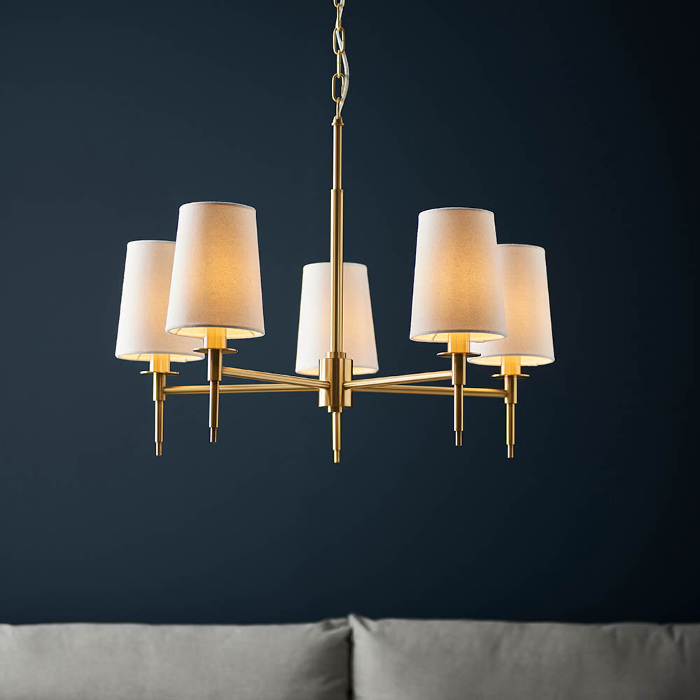 Utopia Eton 5 Light Multi Arm Pendant - Satin Brass & Tapered Shades