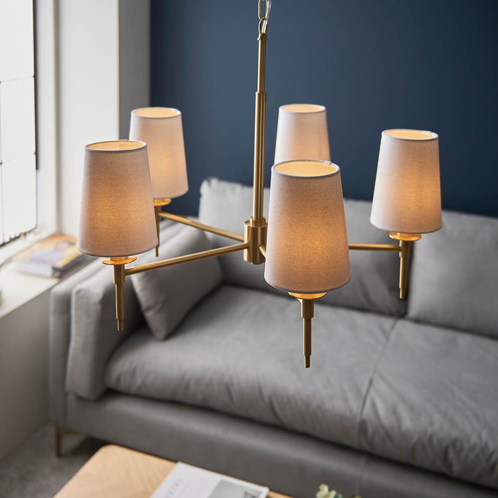 Utopia Eton 5 Light Multi Arm Pendant - Satin Brass & Tapered Shades