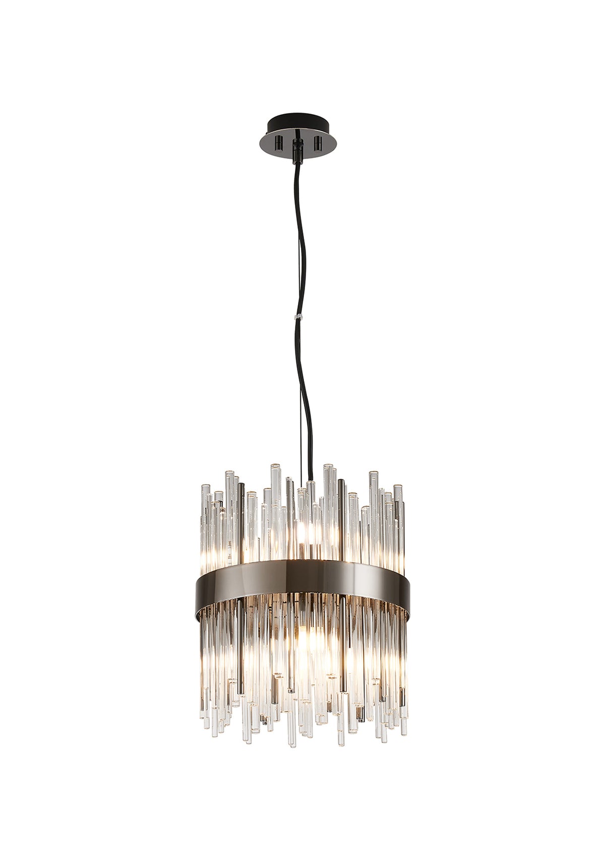 Fabula Kempton Glass Rod Round Pendant Light – Black Chrome & Clear 26 cm