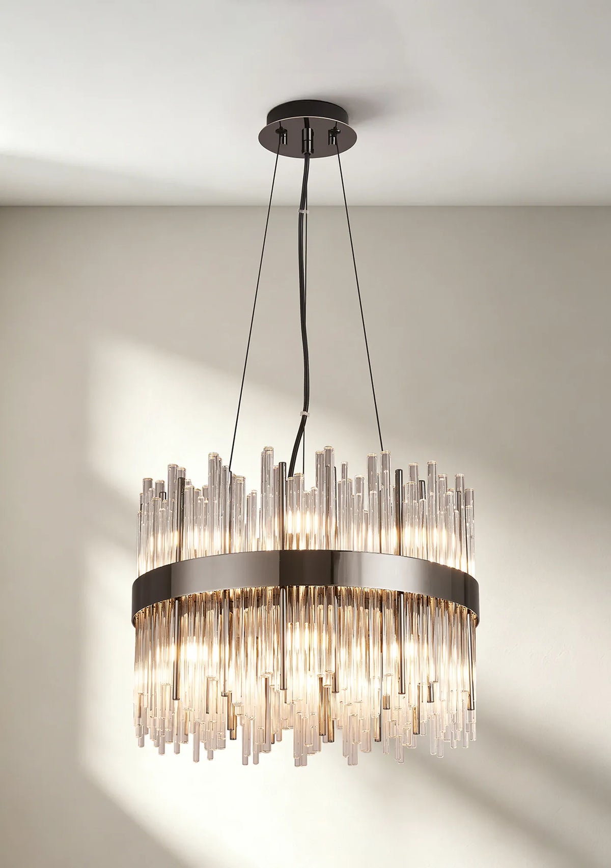 Fabula Kempton Glass Rod Round Pendant Light – Black Chrome & Clear