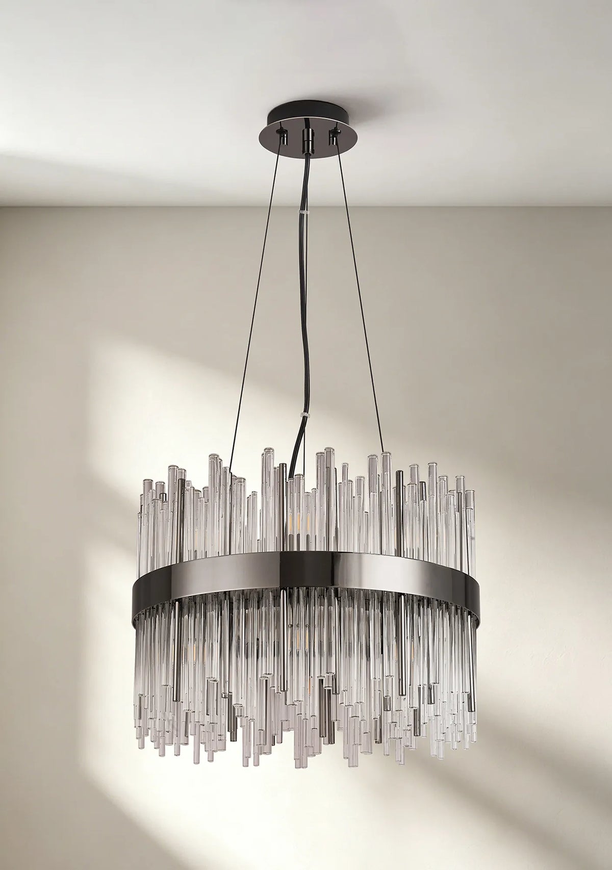 Fabula Kempton Glass Rod Round Pendant Light – Black Chrome & Clear