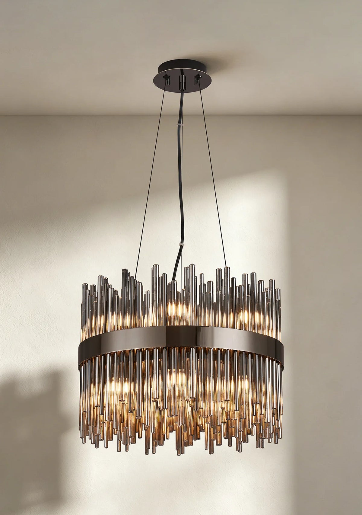 Fabula Kempton Glass Rod Round Pendant Light – Black Chrome & Smoke
