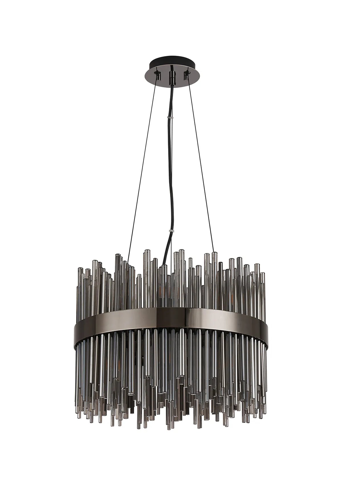 Fabula Kempton Glass Rod Round Pendant Light – Black Chrome & Smoke