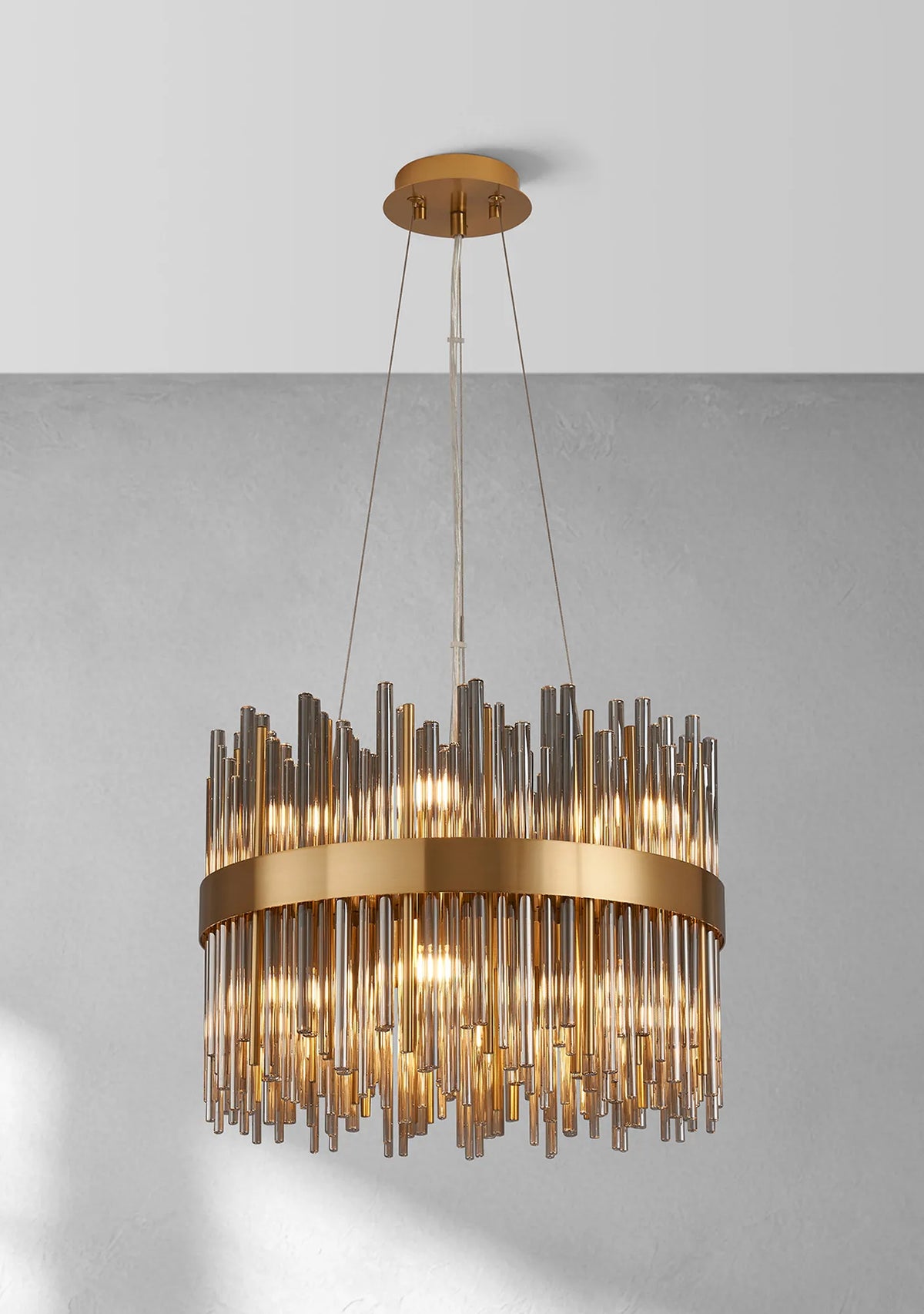Fabula Kempton Glass Rod Round Pendant Light – Brass & Smoke