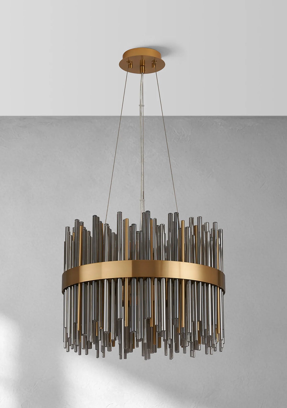 Fabula Kempton Glass Rod Round Pendant Light – Brass & Smoke