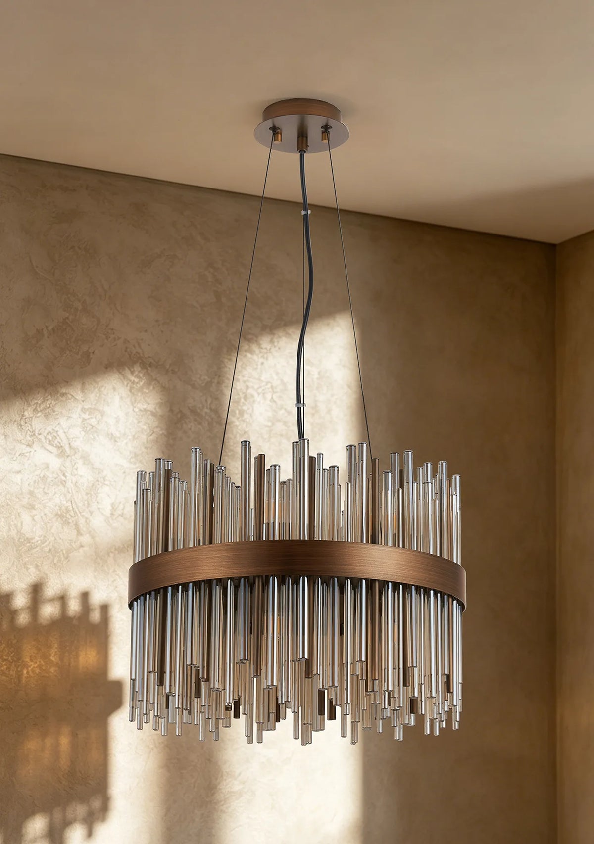 Fabula Kempton Glass Rod Round Pendant Light – Painted Matt Bronze & Cognac