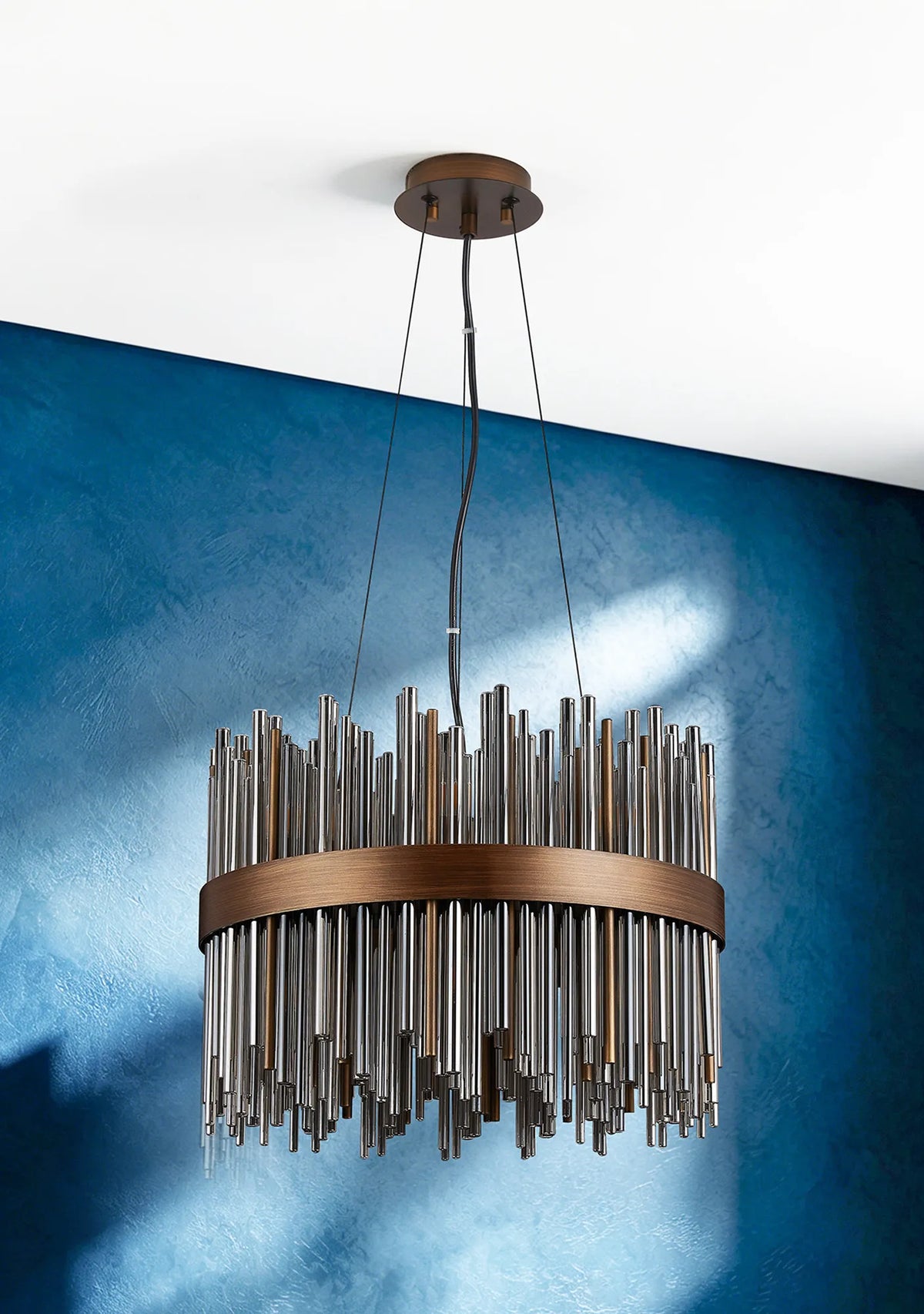 Fabula Kempton Glass Rod Round Pendant Light – Painted Matt Bronze & Smoke