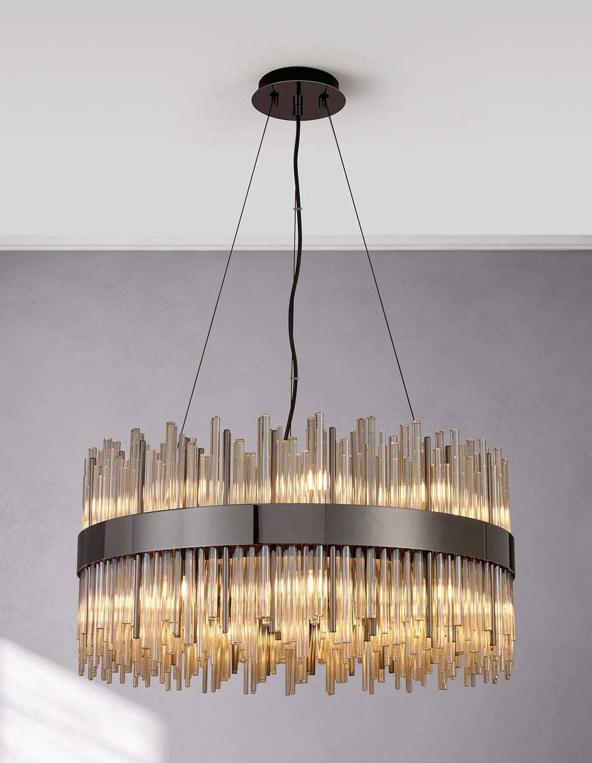 Fabula Kempton Glass Rod Round Pendant Light – Black Chrome & Cognac