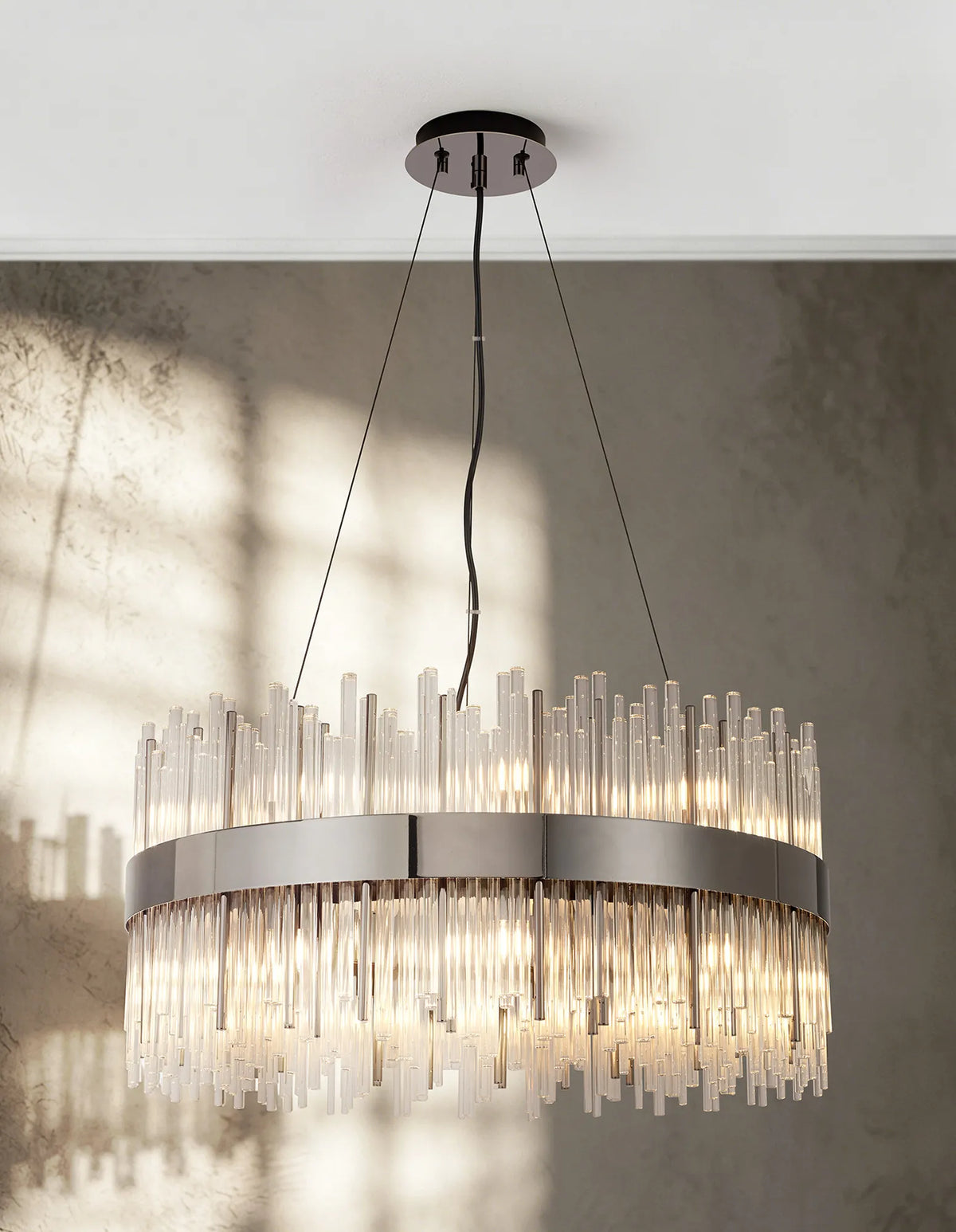Fabula Kempton Glass Rod Round Pendant Light – Black Chrome & Clear