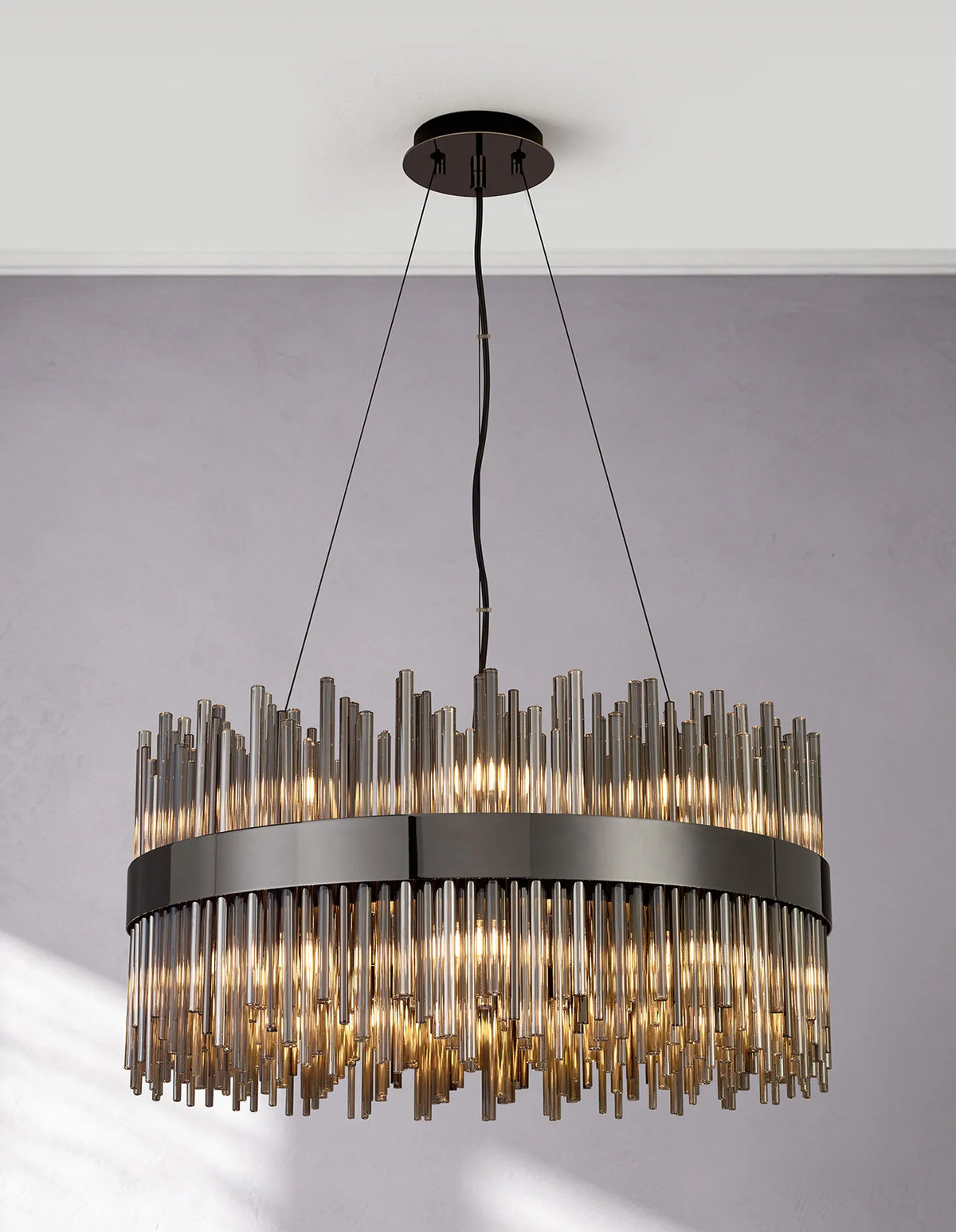 Fabula Kempton Glass Rod Round Pendant Light – Black Chrome & Smoke
