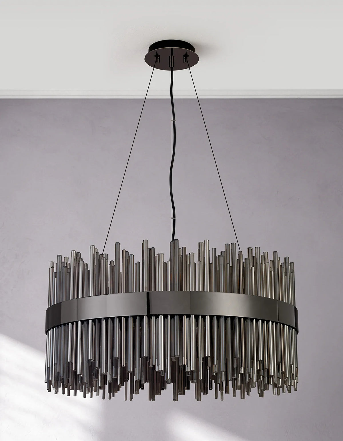 Fabula Kempton Glass Rod Round Pendant Light – Black Chrome & Smoke