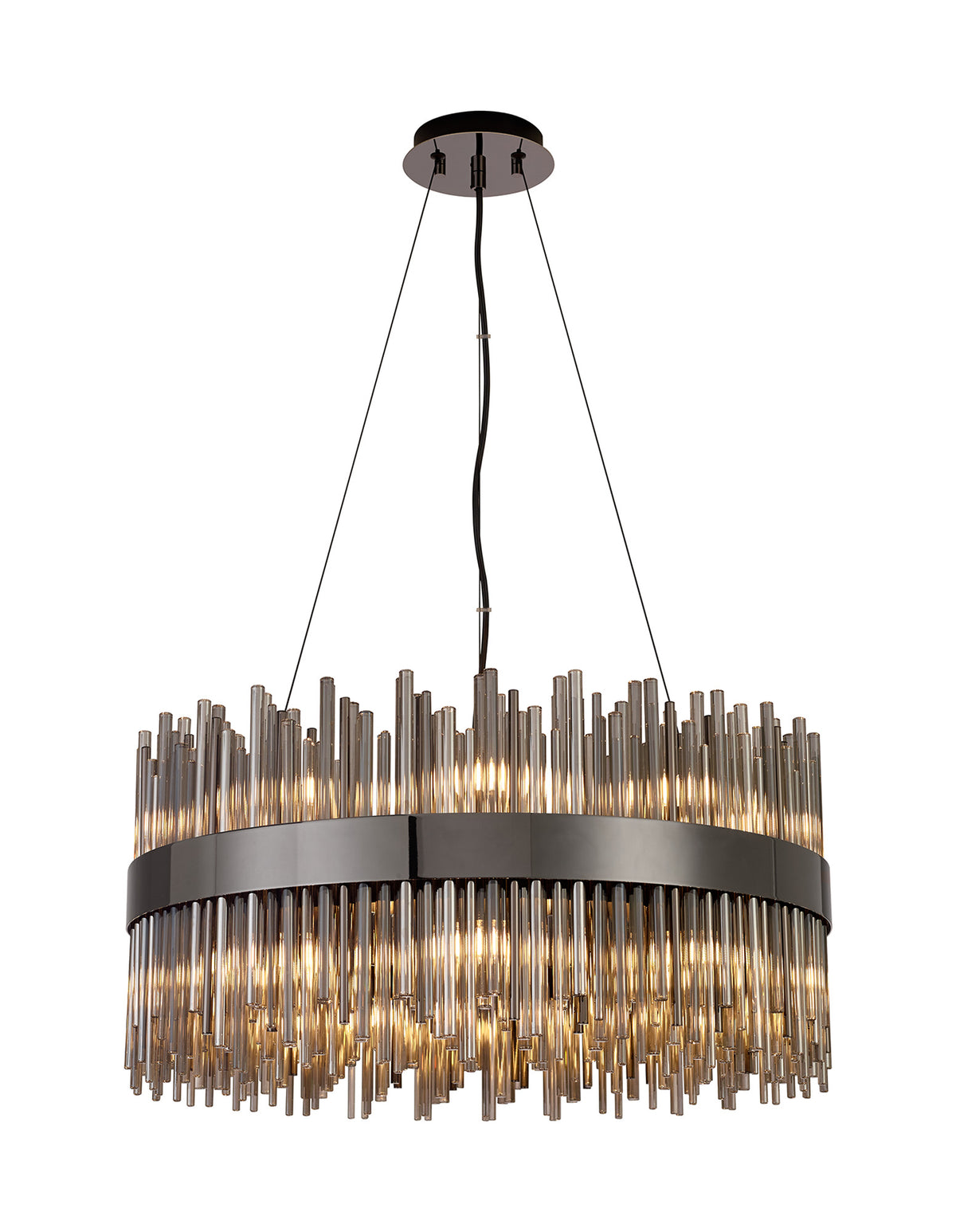 Fabula Kempton Glass Rod Round Pendant Light – Black Chrome & Smoke 60 cm