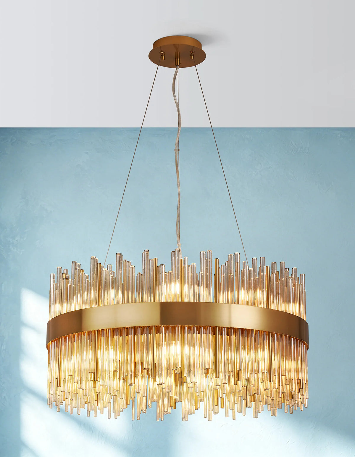 Fabula Kempton Glass Rod Round Pendant Light – Brass & Cognac