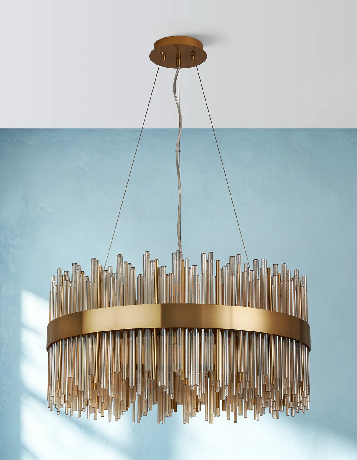 Fabula Kempton Glass Rod Round Pendant Light – Brass & Cognac