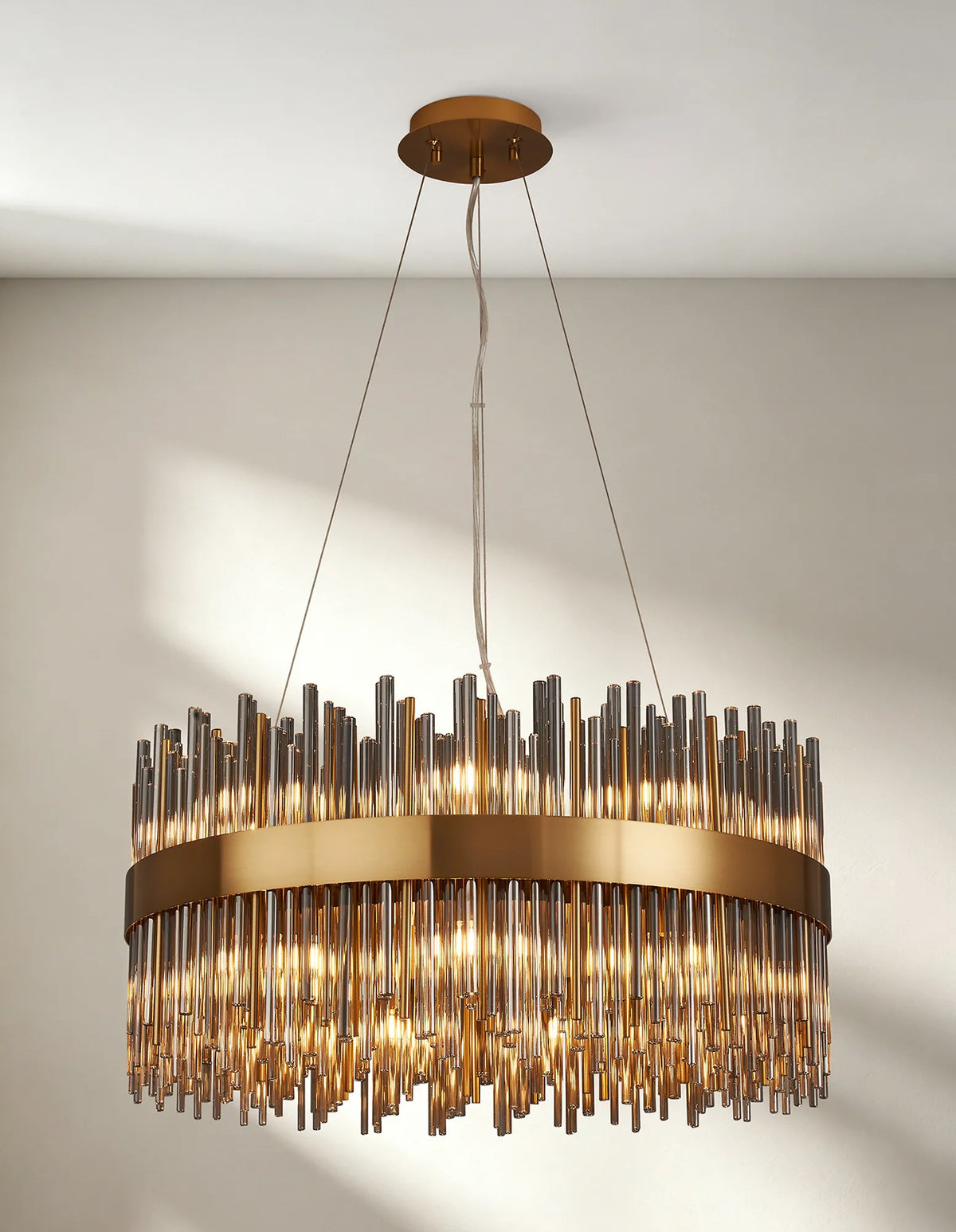Fabula Kempton Glass Rod Round Pendant Light – Brass & Smoke