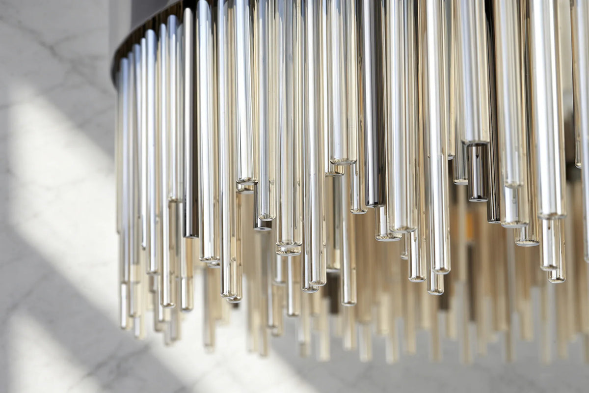Fabula Kempton Glass Rod Round Pendant Light – Black Chrome & Cognac