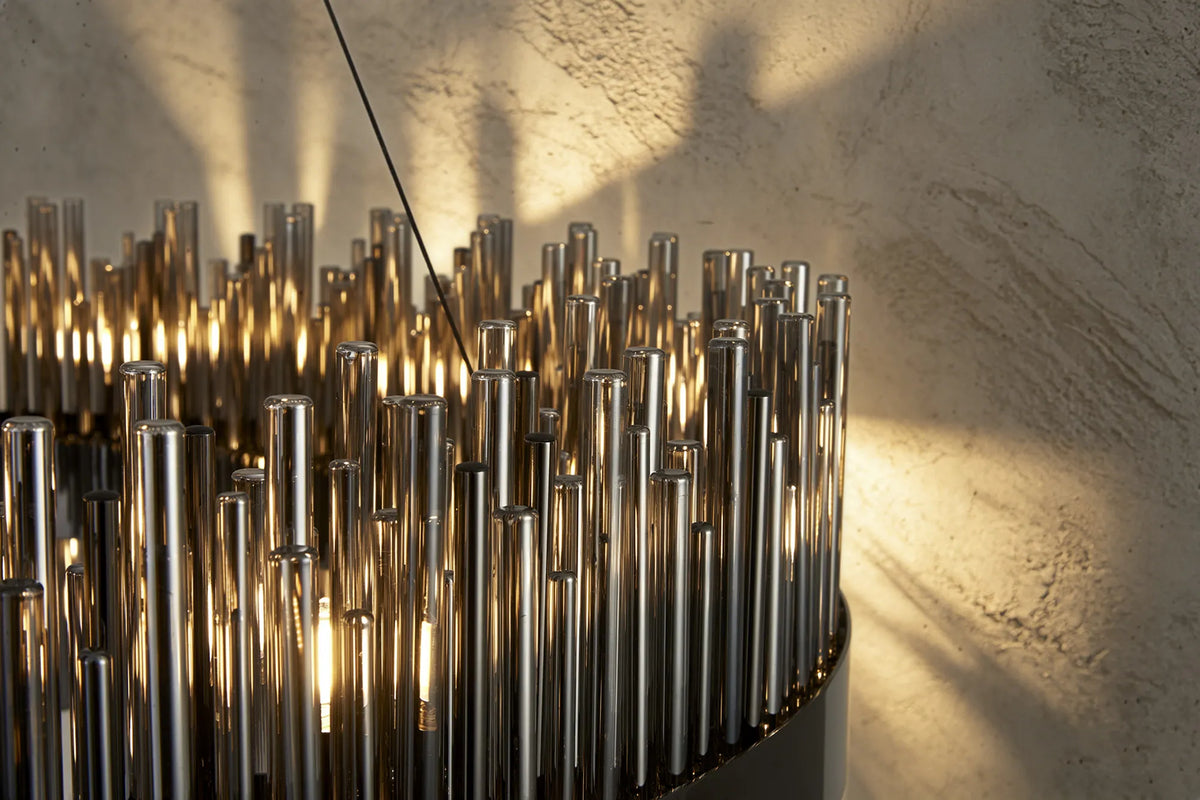 Fabula Kempton Glass Rod Round Pendant Light – Black Chrome & Smoke