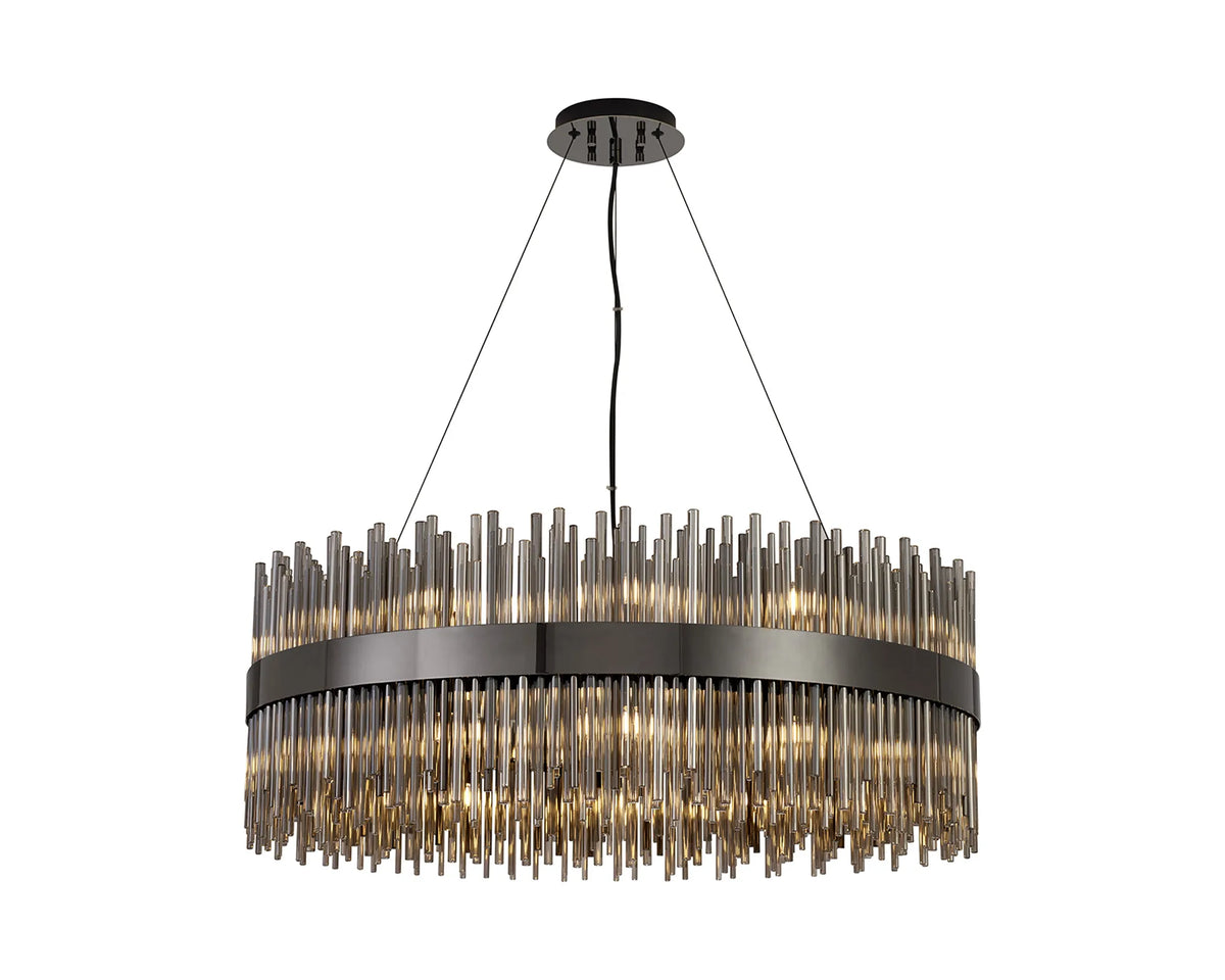 Fabula Kempton Glass Rod Round Pendant Light – Black Chrome & Smoke 80 cm
