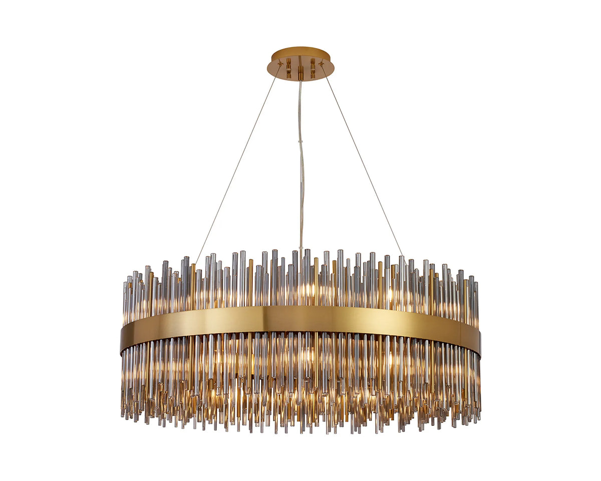 Fabula Kempton Glass Rod Round Pendant Light – Brass & Smoke 80 cm
