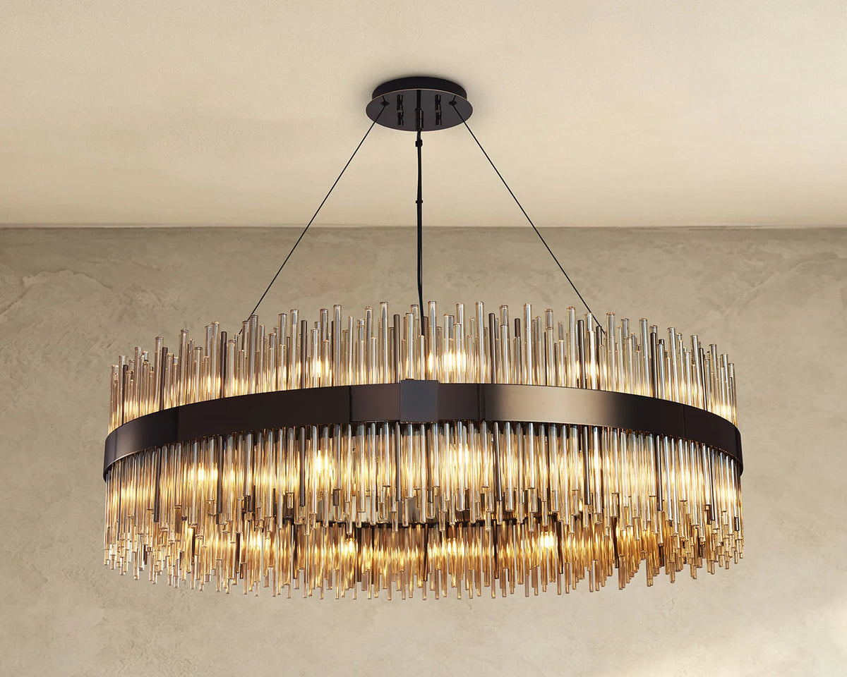 Fabula Kempton Glass Rod Round Pendant Light – Black Chrome & Cognac