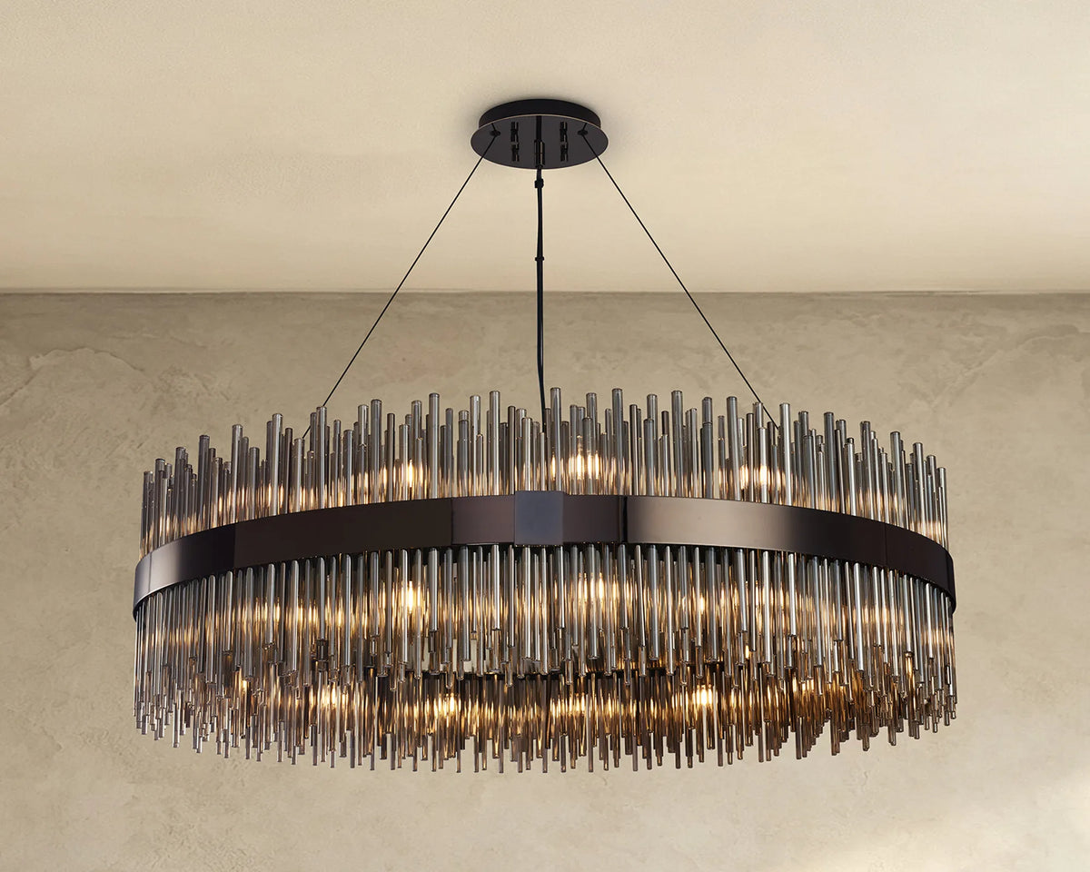 Fabula Kempton Glass Rod Round Pendant Light – Black Chrome & Smoke