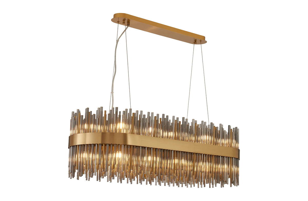 Fabula Kempton Glass Rod Oblong Pendant Light – Brass & Smoke 100 cm