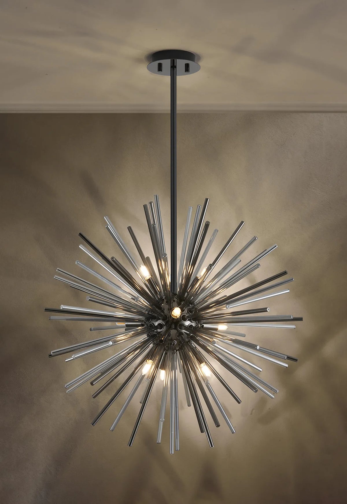 Fabula Kempton Sputnik Glass Rod Round Pendant Light – Black Chrome & Smoke