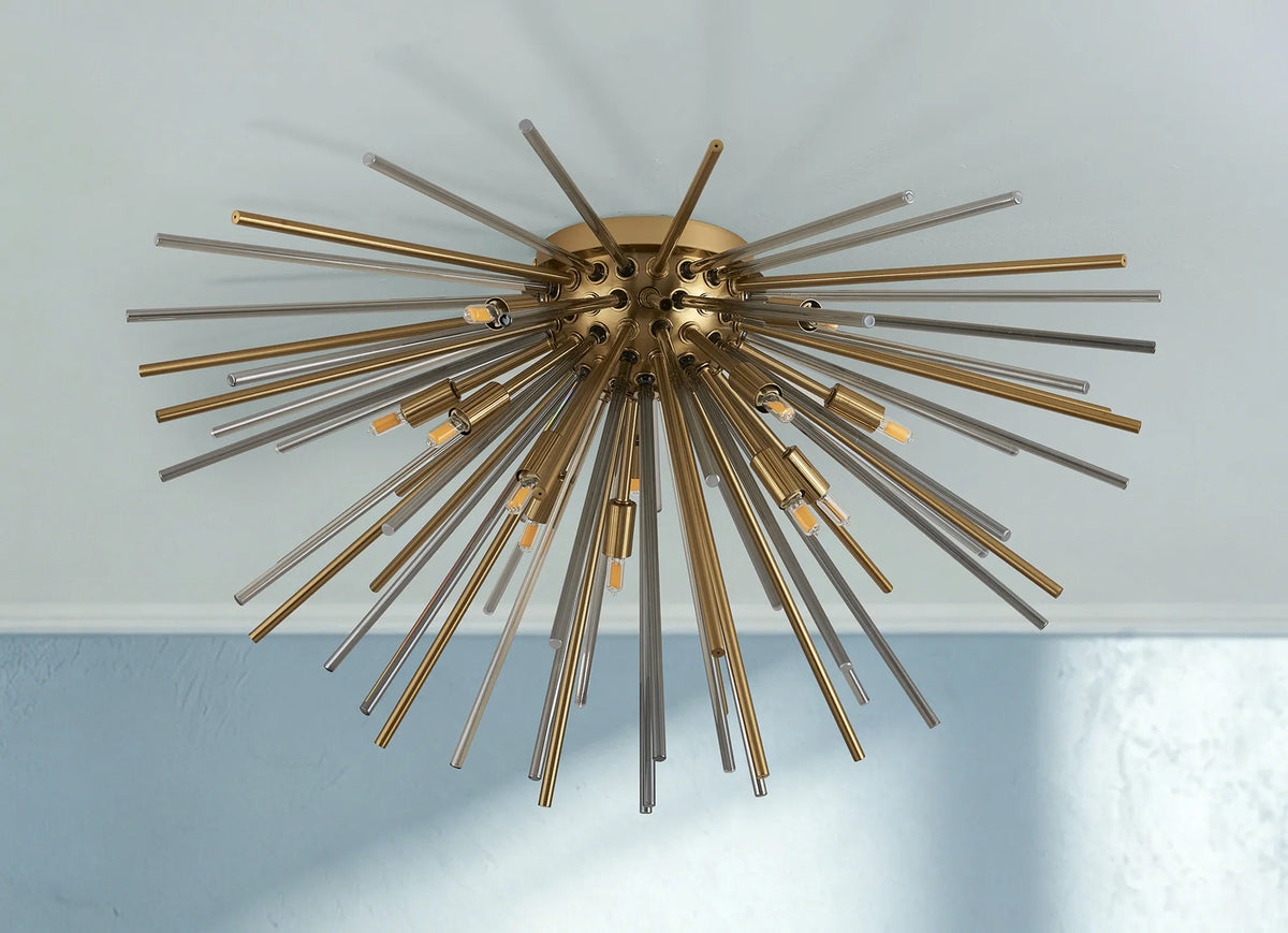 Fabula Kempton Sputnik Glass Rod Glass Rod Flush Ceiling Light – 75 cm – Brass & Smoke