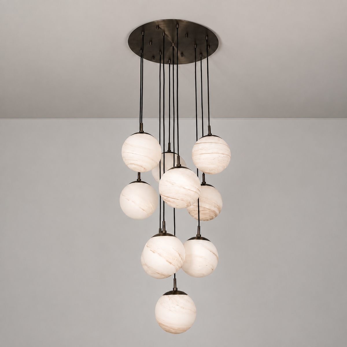 Schwung Globe Cluster 10 Light Chandelier - Marble Glass