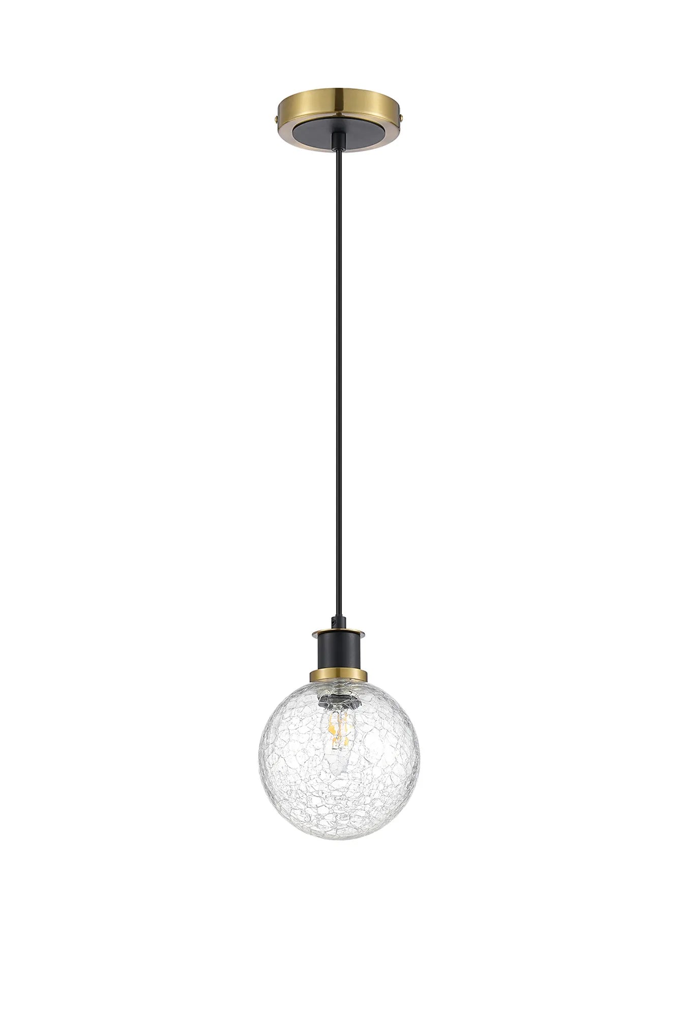 Sycamore Pendant with 15cm Round Crackled Glass Shade - Brass, Clear & Satin Black
