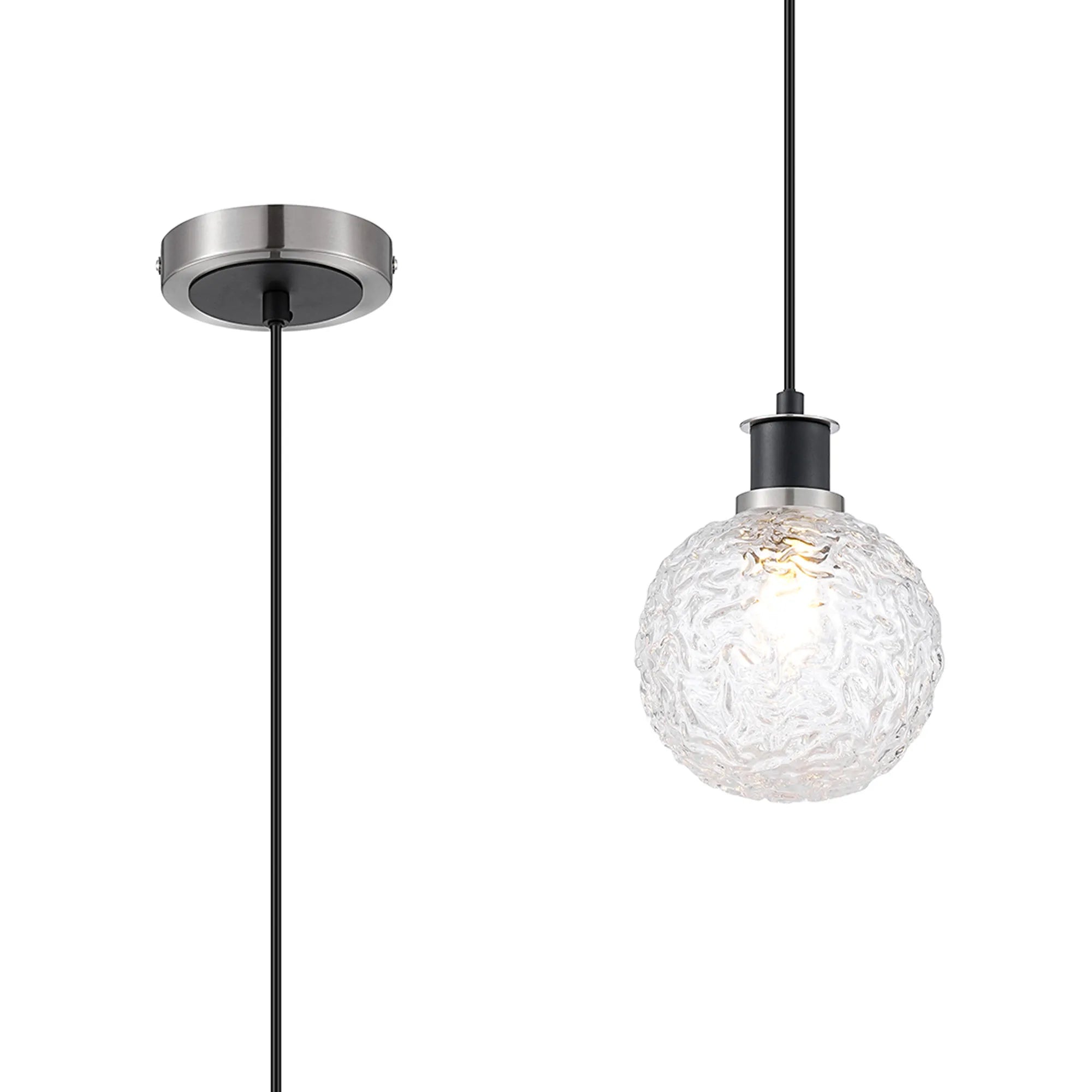 Sycamore Pendant with 15cm Round Textured Crumple Glass Shade - Satin Nickel, Clear & Satin Black