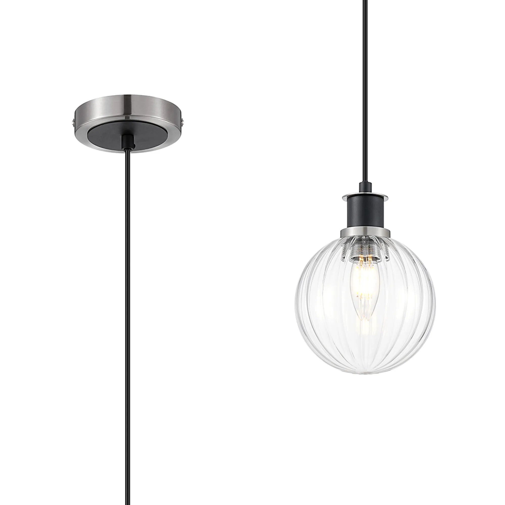 Sycamore Pendant with 15cm Round Segment Glass Shade - Satin Nickel, Clear & Satin Black