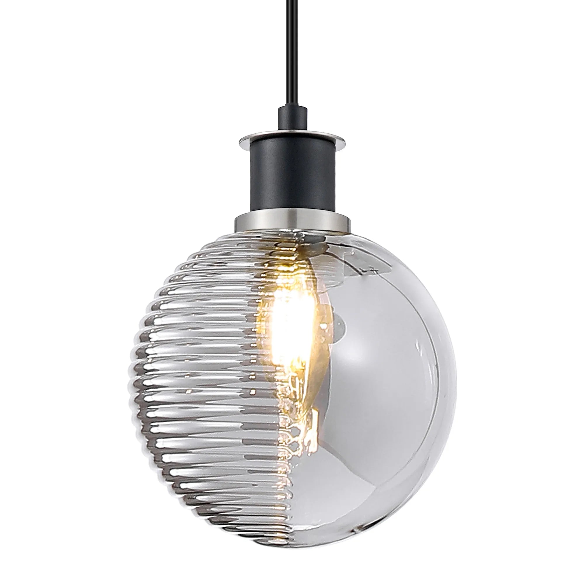 Sycamore Pendant IP44 with 15cm Round Double Textured Smooth & Ribbed Glass Shade - Satin Nickel, Smoke Plated & Satin Black