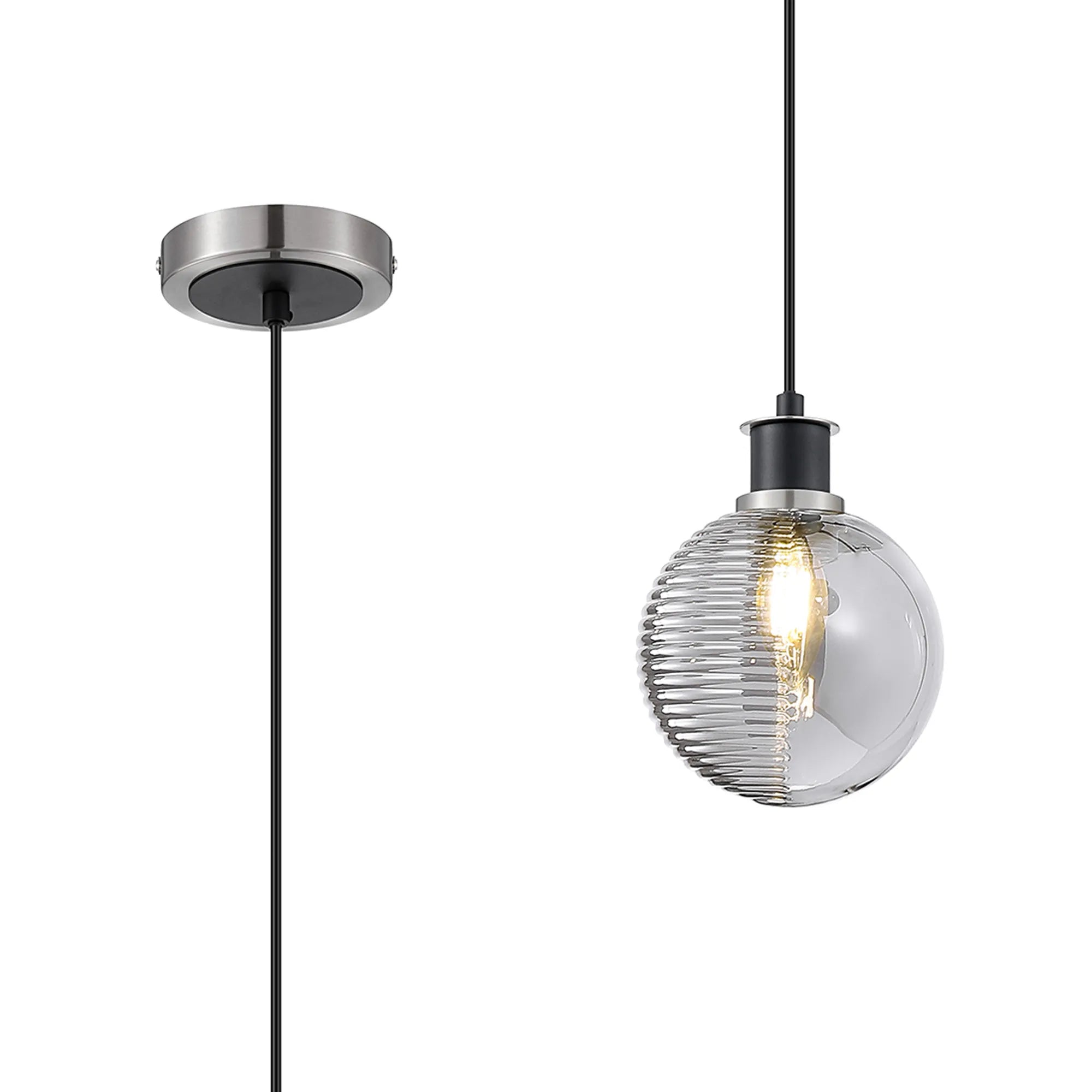 Sycamore Pendant IP44 with 15cm Round Double Textured Smooth & Ribbed Glass Shade - Satin Nickel, Smoke Plated & Satin Black